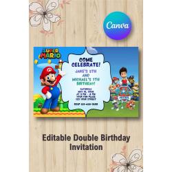 Twin Super Mario and Paw Patrol Invitation | Canva Template